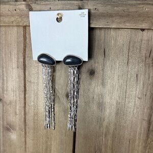Free People - Elegant Silver and Black Dangle Earrings, Semi Precious Stone